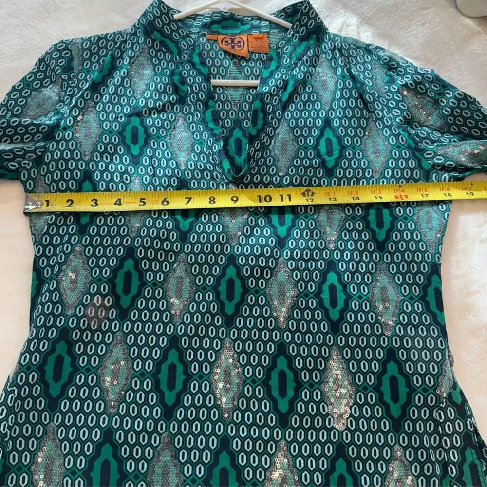 Tory Burch Women's Geometric Sequin 3/4 Sleeve‎ V Neck Tunic Sz 4 Green, Sparkle
